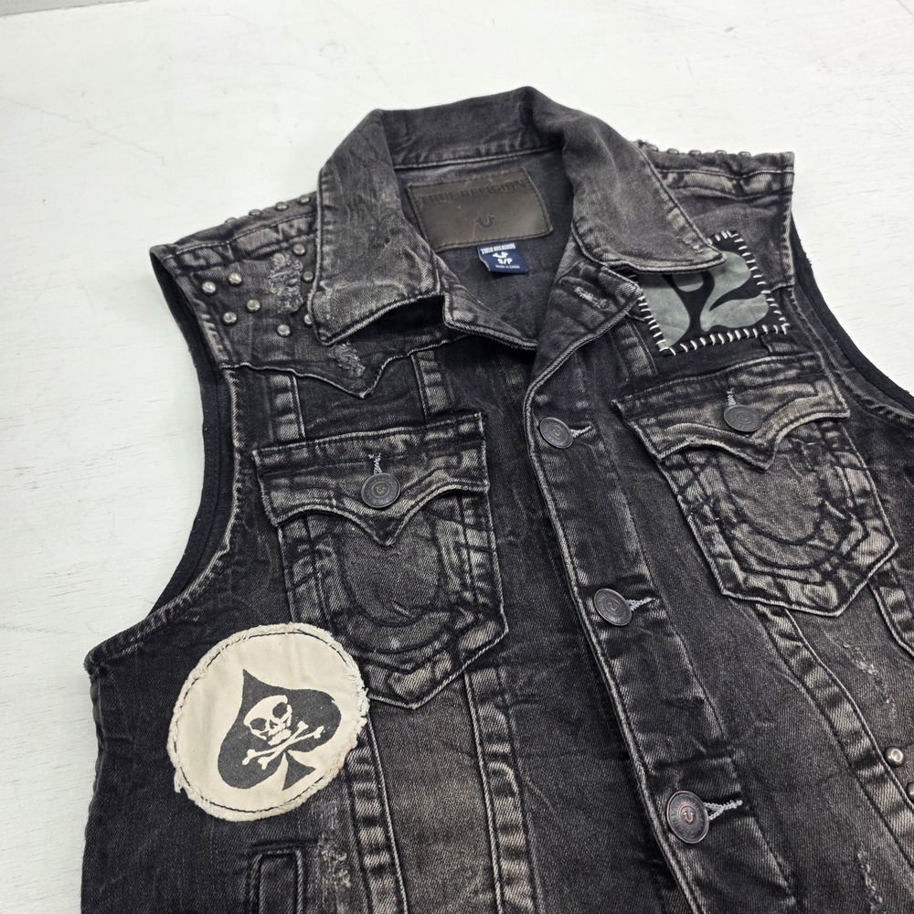 True Religion Distressed Jimmy Western Denim Vest Jacket Black Concrete Men's S - Picture 5 of 16